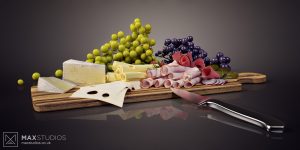 Cheese board and grapes CGI